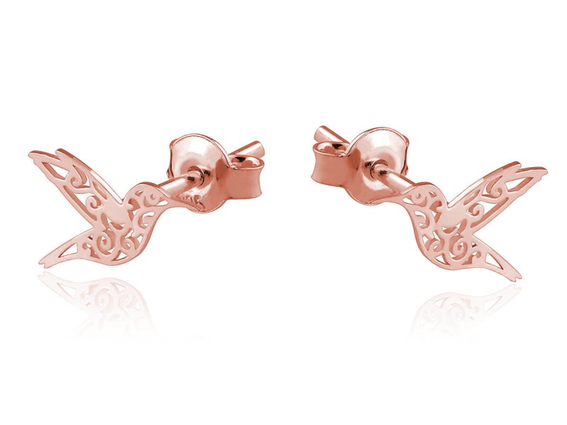 Srebrne Kolczyki - ażurowe kolibry - rose gold