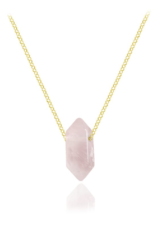 Srebrny naszyjnik łańcuszek z różowym Kryształem Górskim - 24k złocenie