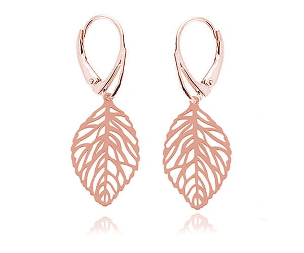 SREBRNE KOLCZYKI - AŻUROWE LIŚCIE - ROSE GOLD