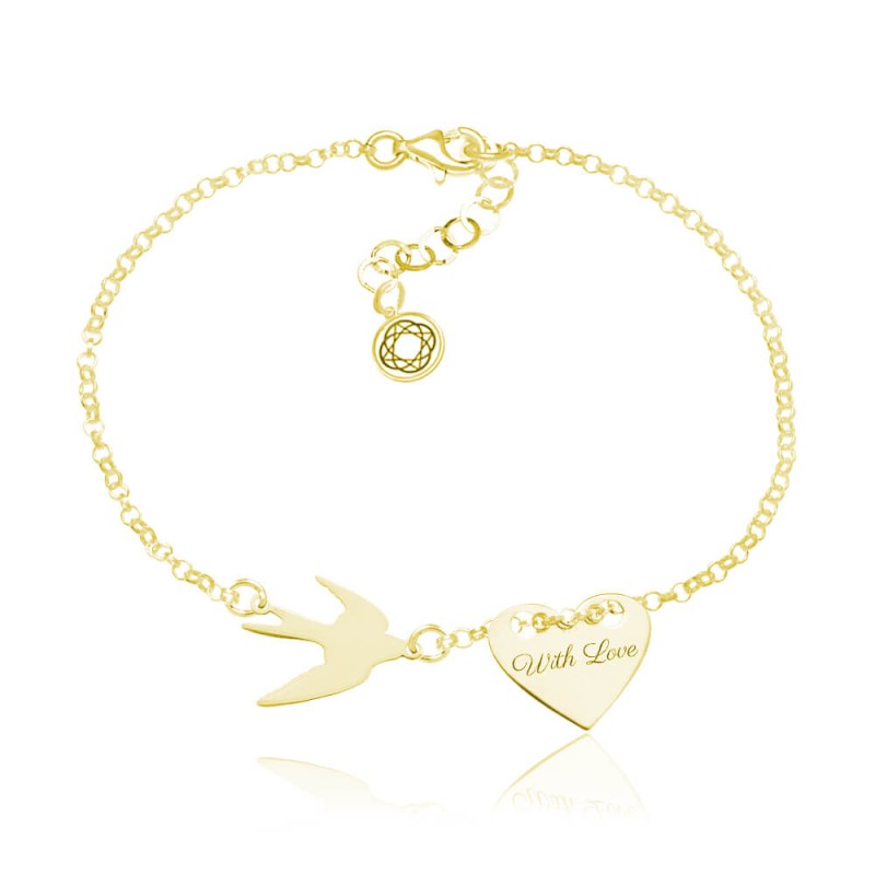 Srebrna bransoletka Hailey - jaskółka i serce - 24k złocenie - grawer
