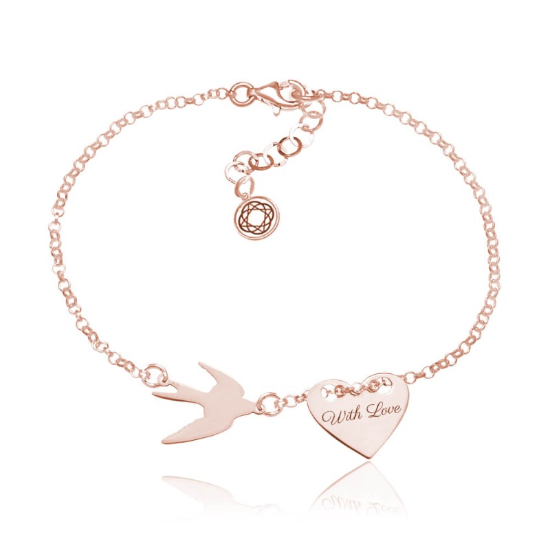 Srebrna bransoletka Hailey - jaskółka i serce - rose gold - grawer