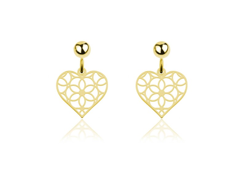 Srebrne kolczyki ażurowe serca wiszące - 24k złocenie