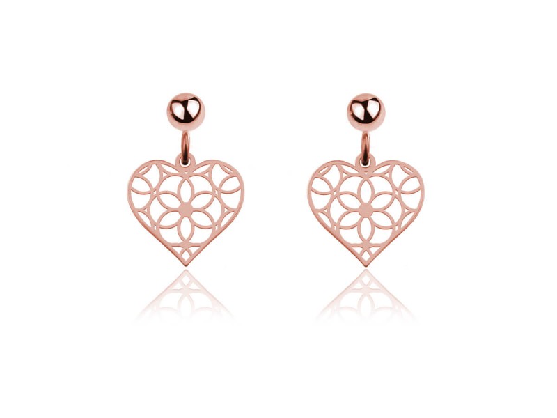 Srebrne kolczyki ażurowe serca wiszące - rose gold