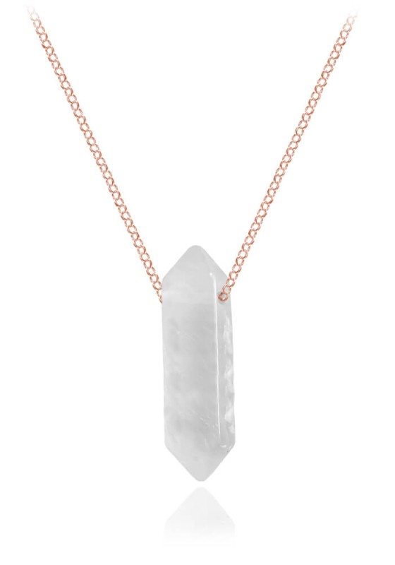 Srebrny naszyjnik łańcuszek z białym Kryształem Górskim - duży - rose gold