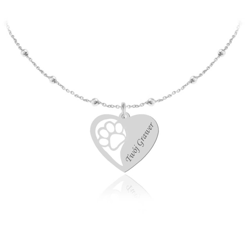 Srebrny naszyjnik - Suzi - Serce i Łapka - łańcuszek kulki - Grawer