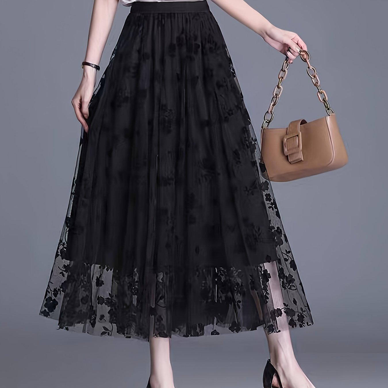 TEMU 1 szt. Elegancka Damska Spódnica A-Line w Długości Podłogi z Siatki, Rozkloszowanym Dołu i Falbankowym Wielowarstwowym Designem - Kawa/Brązowy