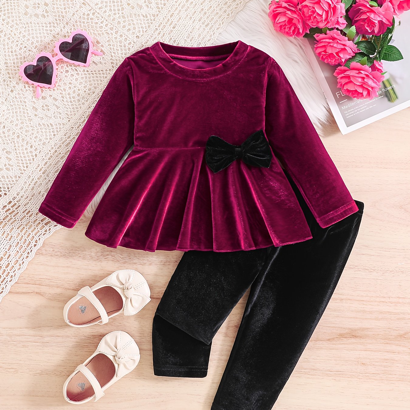 TEMU Top + Spodnie, Jesień- Ciepły Sweter z Polarowym Długim Rękawem w Kolorze Burgundu i Tulipanowa Koszulka dla Nastolatek oraz Czarna Legginsy –