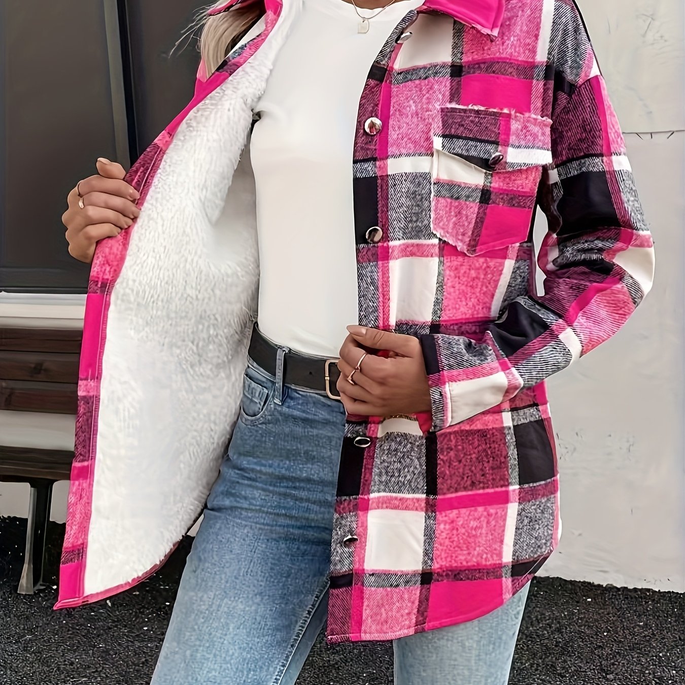 TEMU Damski Zimowy Płaszcz w Kratę – Kołnierz Tartan i Kieszeń na Piersi, Gruby Płaszcz z Długim Rękawem, Jednorzędowy z Guzikami, Pranie w Praniu