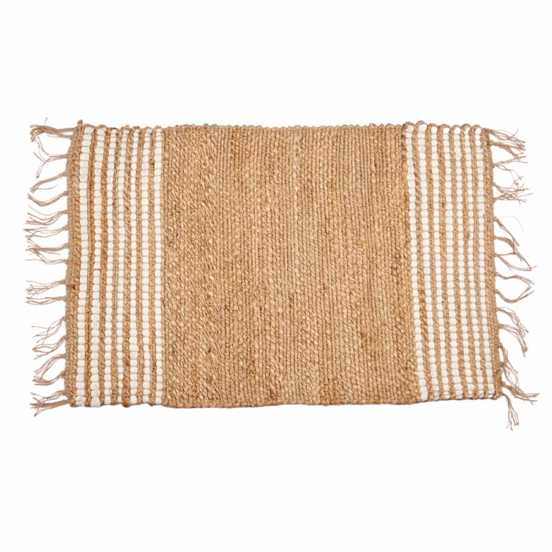 Jutowy dywanik 60x90 cm z frędzlami beżowy białe pasy
