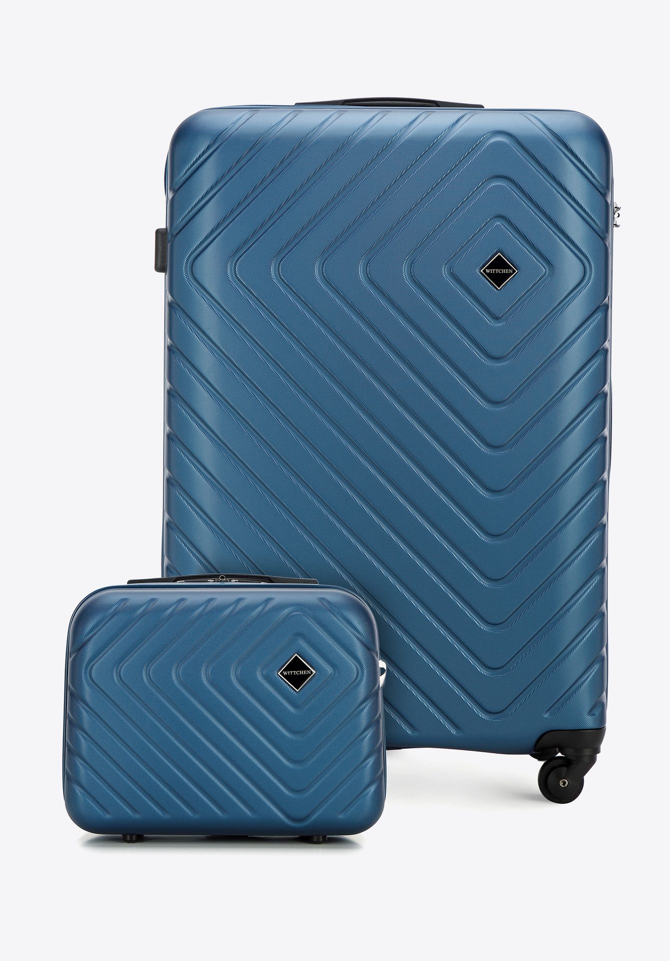 Duża walizka i kosmetyczka z ABS-u z geometrycznym tłoczeniem ciemnoniebieskie