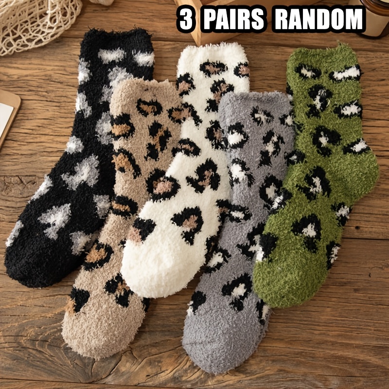 TEMU Losowe 3 pary skarpetek damskich, skarpetki do połowy łydki, wzór w koralową aksamitną panterę plus aksamitne, , ciepłe skarpetki do domu,