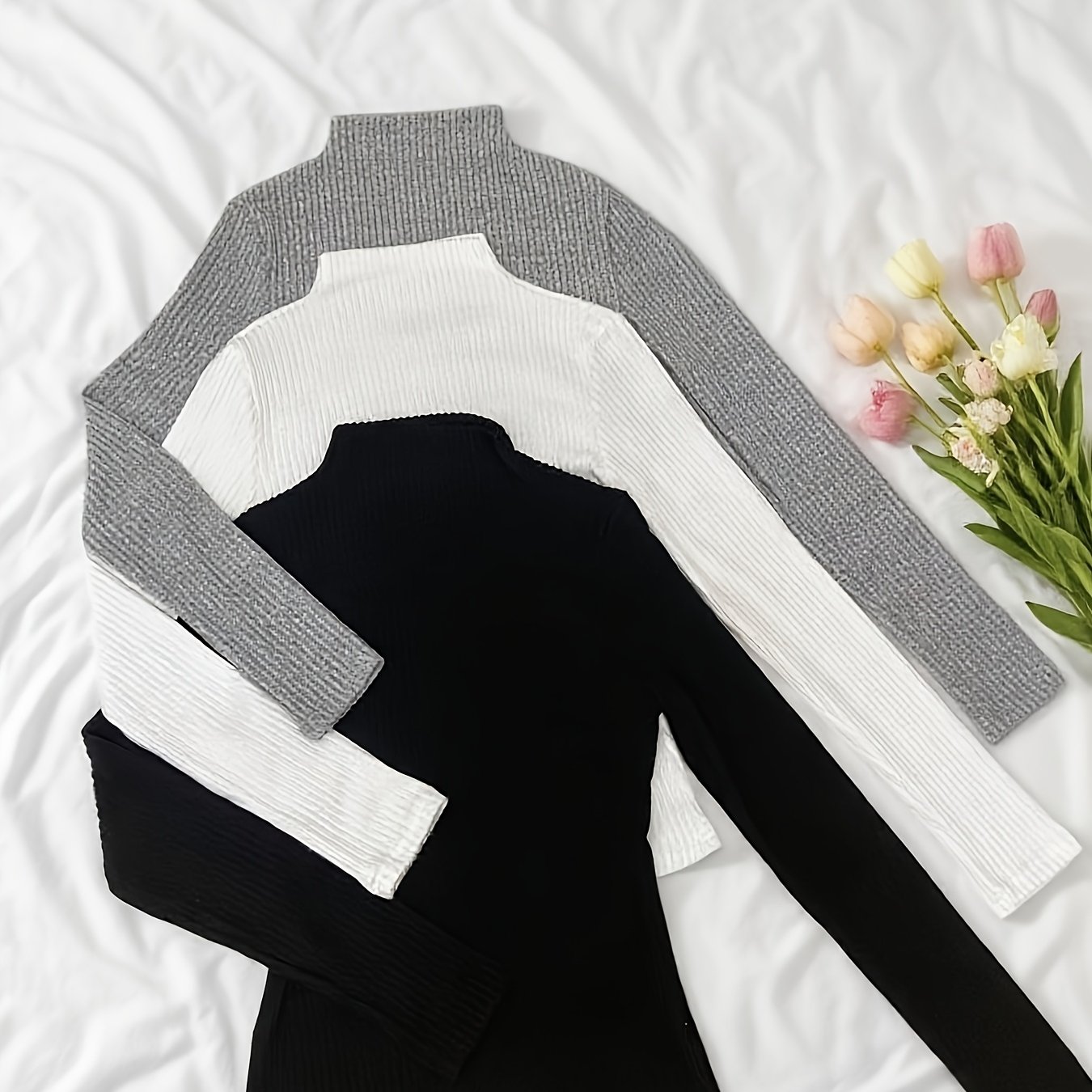 TEMU 3 szt. Damskie swetry z wysokim kołnierzykiem, prążkowane - z długim rękawem, w jednolitym kolorze, w stylu casual, o regularnym kroju, idealne