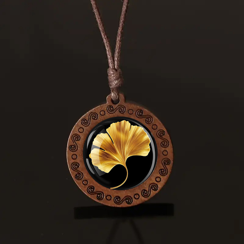 TEMU Vintage złoty liść wisiorek na szyję z czarnym tłem - regulowany sznur, idealny do codziennego noszenia i prezentowania, unisex styl boho