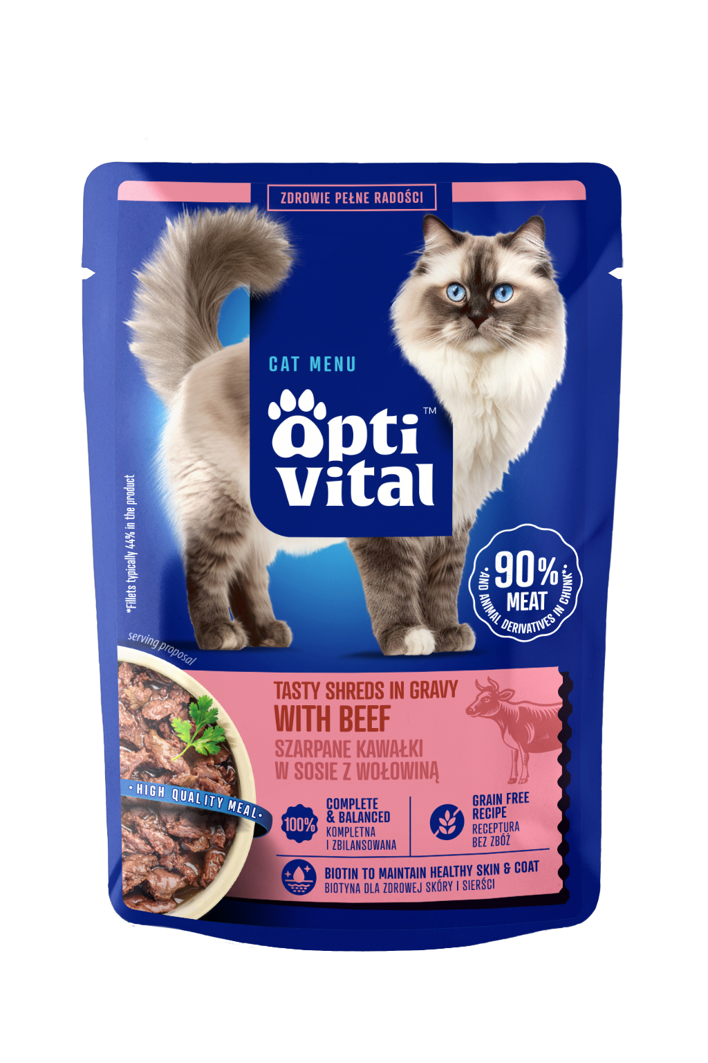 Mokra karma dla kota, szarpane kawałki z wołowiną w sosie OptiVital 85 g