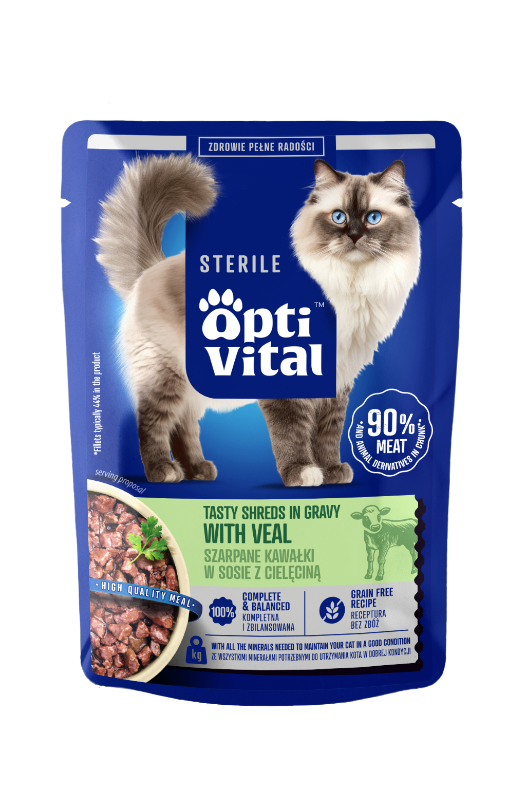 Mokra karma dla kota sterylizowanego, szarpane kawałki z cielęciną w sosie OptiVital 85 g