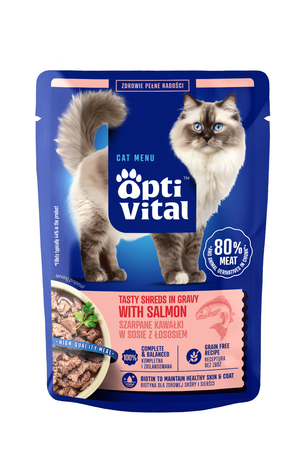 Mokra karma dla kota, szarpane kawałki z łososiem w sosie OptiVital 85 g