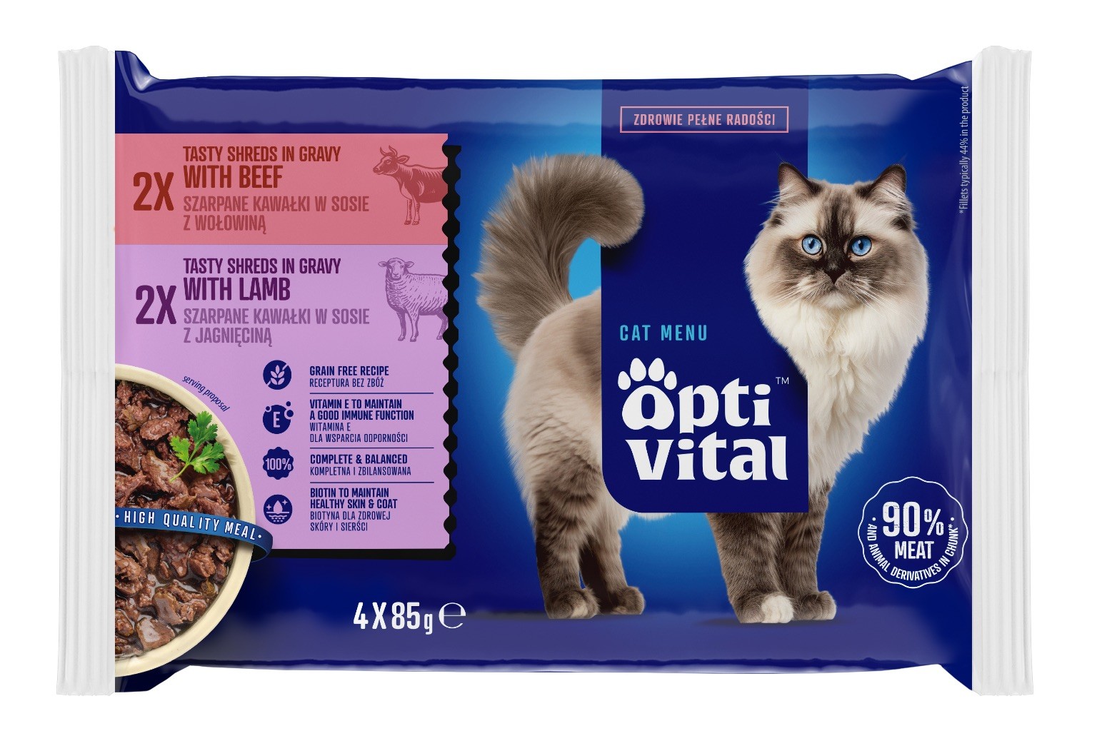 Mokra karma dla dorosłych kotów, saszetki z jagnięciną i wołowiną OptiVital 4x85 g