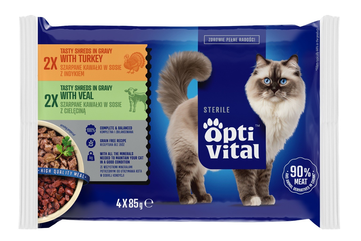 Mokra karma dla kotów sterylizowanych, saszetki z indykiem i cielęciną OptiVital 4x85 g
