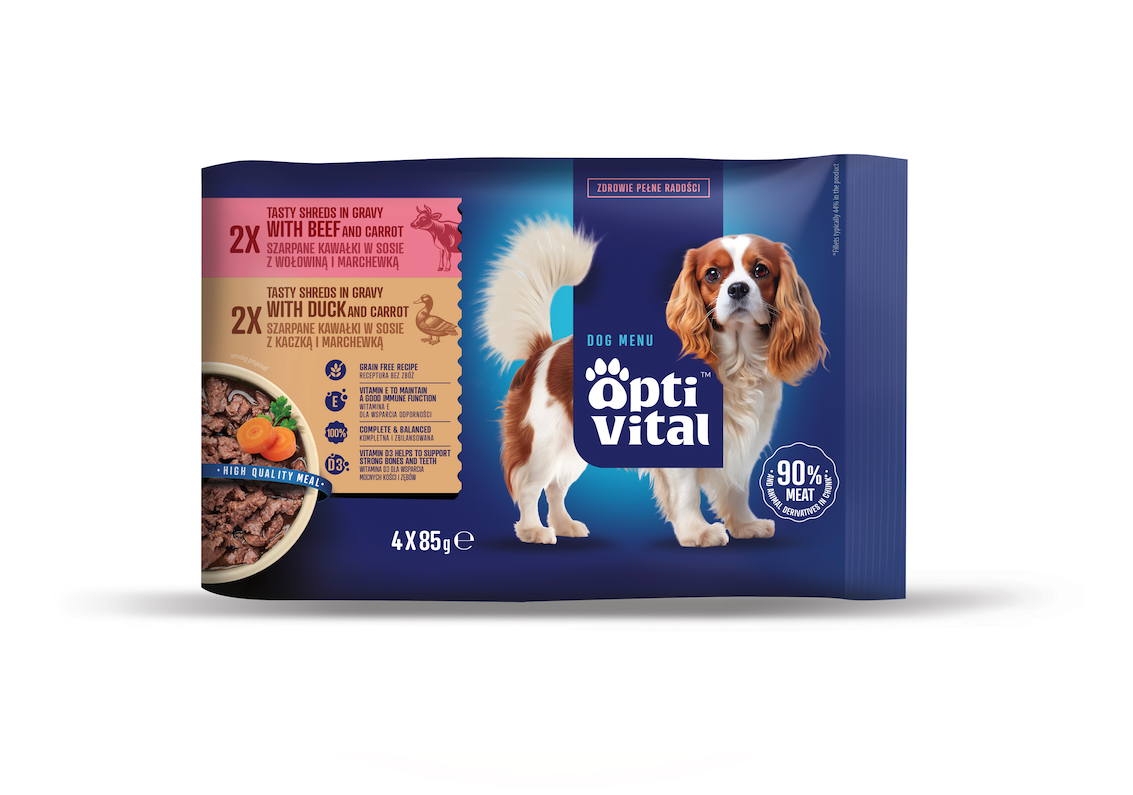 Mokra karma dla dorosłych psów, saszetki z kaczką i wołowiną OptiVital 4x85 g