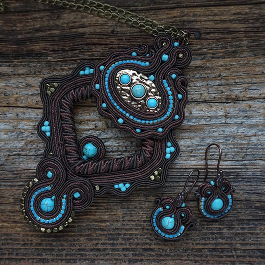 Brąz i turkus - sutaszowy komplet biżuterii