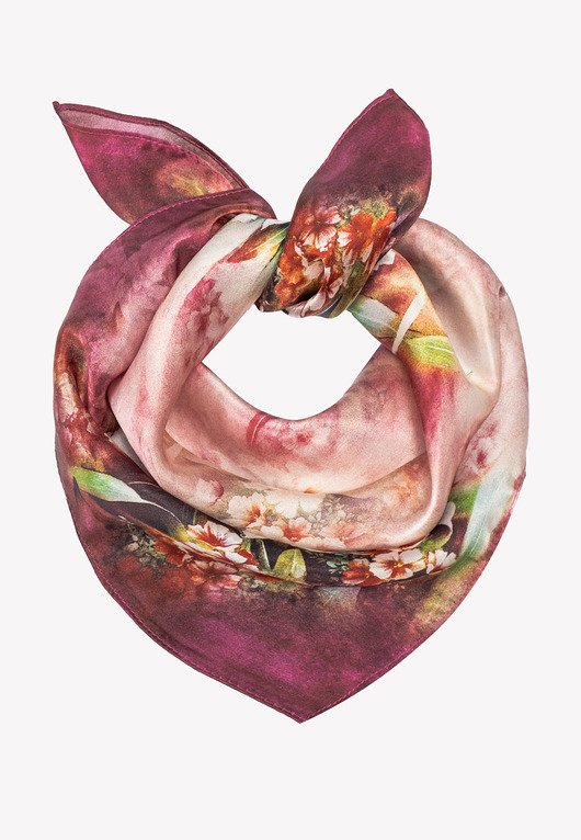 Mała apaszka jedwabna różowa w kwiaty 53 cm x 53 cm