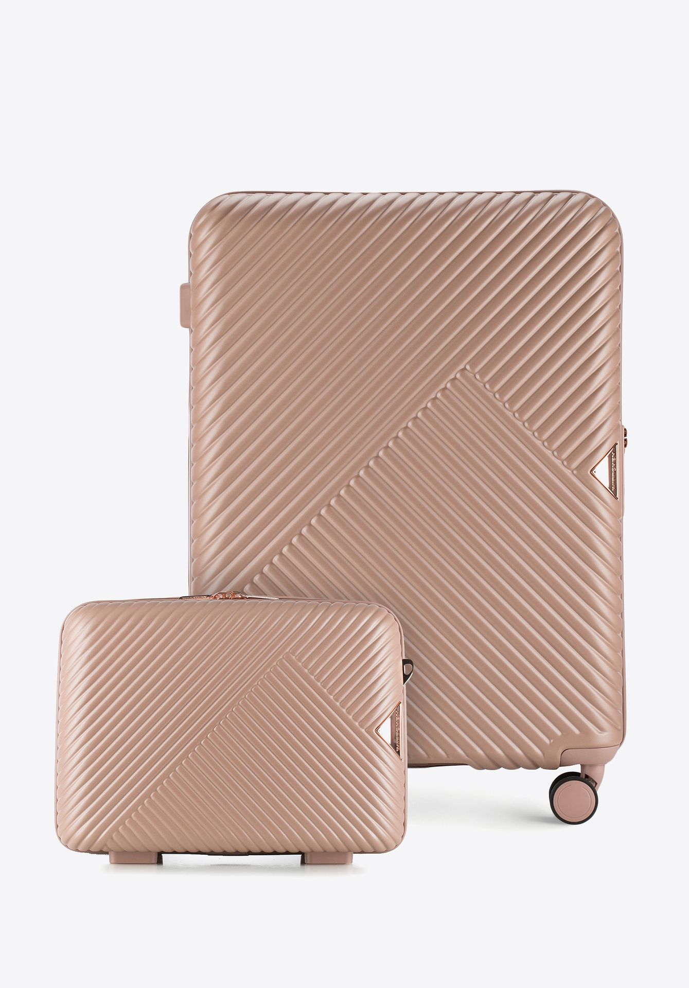 Średnia walizka i kosmetyczka z polikarbonu w paseczki pudrowy róż