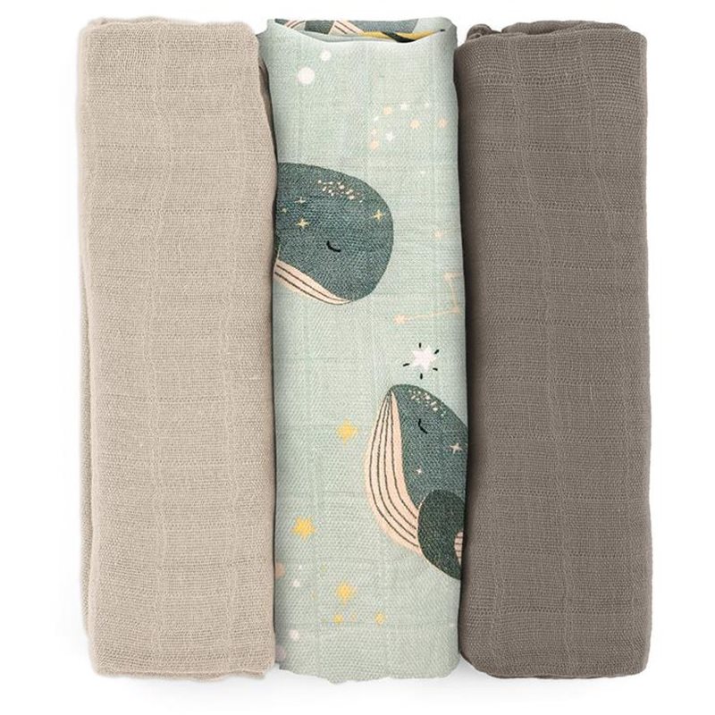 Petite&Mars Moussy pieluchy wielorazowe Whale Song 68 x 68 cm 3 szt.