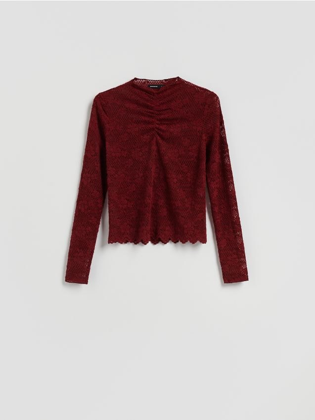 Reserved - Bluzka z haftowanym wzorem - burgundowy