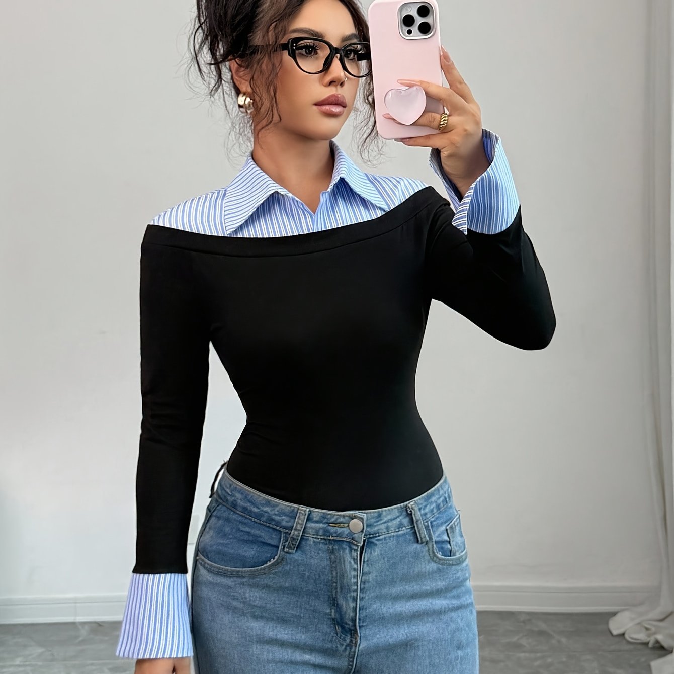 TEMU Damska Biała/Czarna/Niebieska/Szara/Beżowa Bluzka z Krótkim Kołnierzykiem na Guziki - Dopasowana Krótka Bluzka z Dzwonkowymi Rękawami i