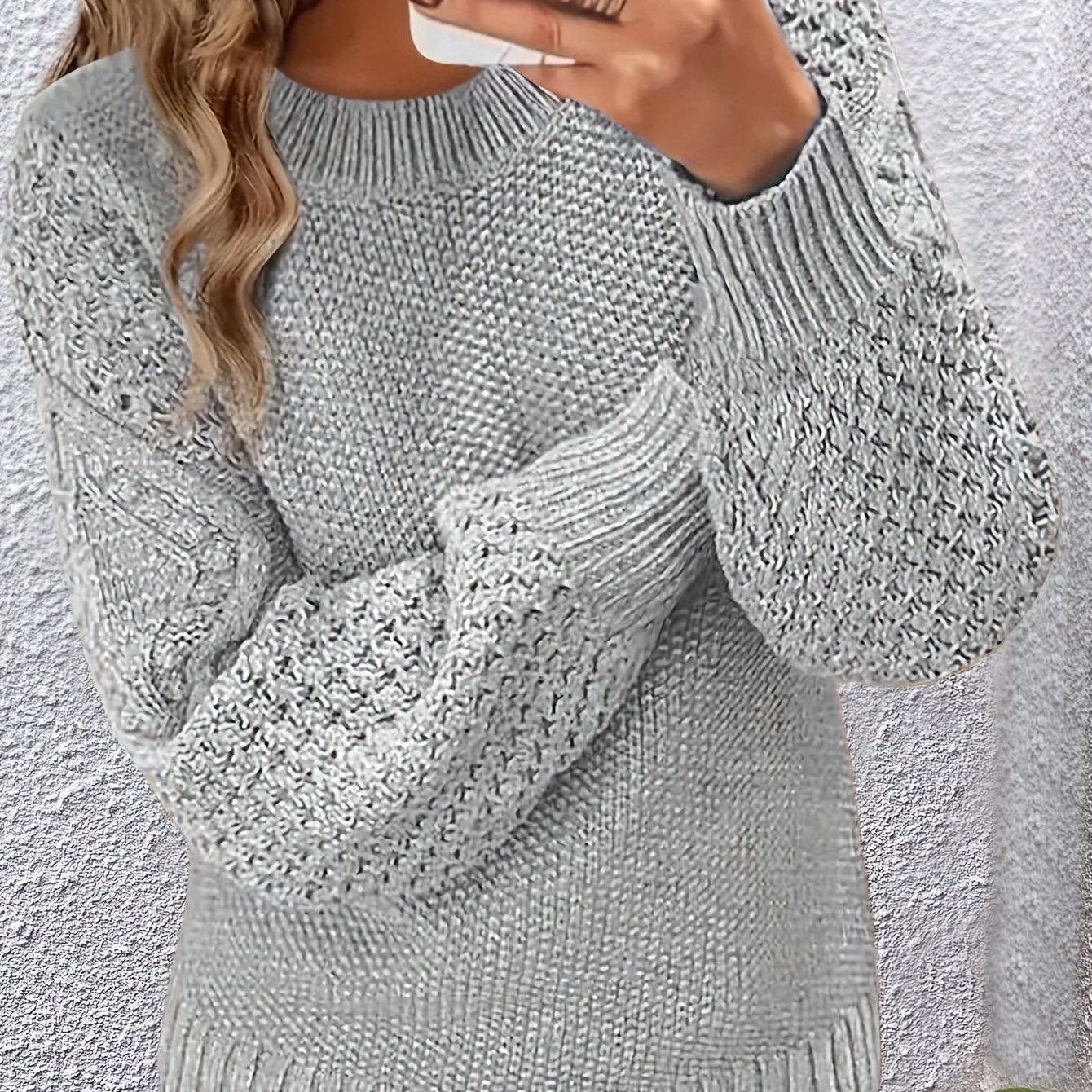 TEMU Elegancki Sweter Damski z Długim Rękawem - Miękki, Okrągły Dekolt z Żebrowanymi Detalami, Jednokolorowy na Jesień i Zimę, Sweter na Co Dzień i