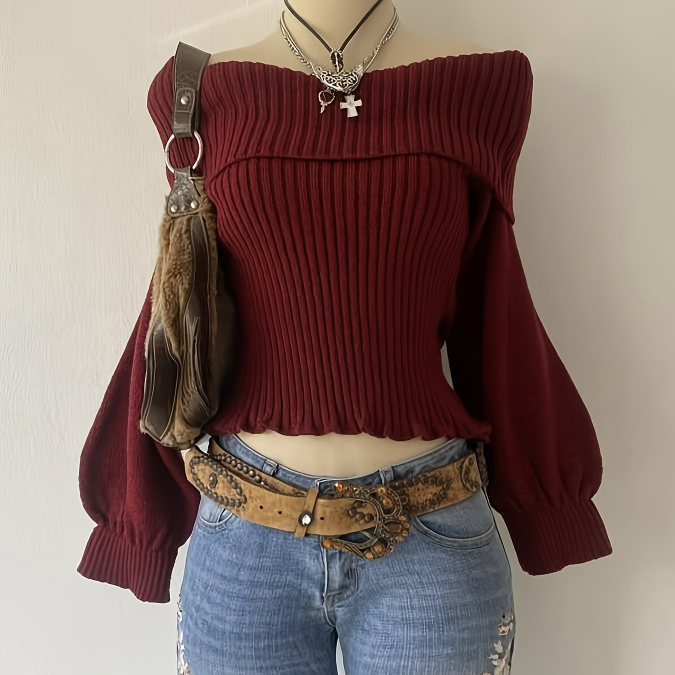 TEMU Sweter damski, modny elegancki casualowy top z długim rękawem i odsłoniętymi ramionami na wiosnę, jesień, Boże Narodzenie, Nowy Rok i zimowe