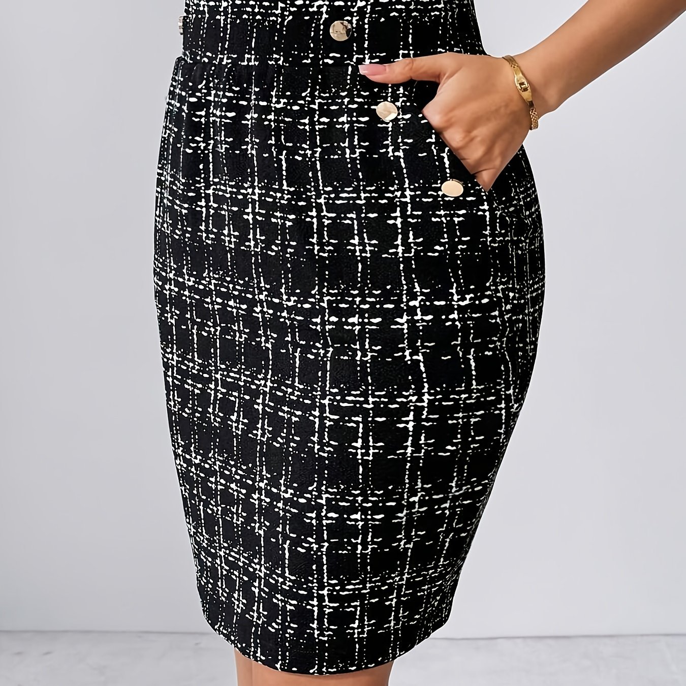 TEMU Elegancka Spódnica H-Line z Czarno-Białym Wzorem Pepitką i Złoty Guzy - Strukturalna, Od Biura do Casualowej A-Liniowanej Sukienki, Pranie