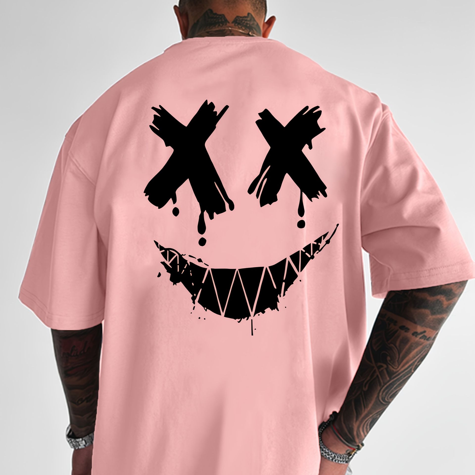 TEMU Męska T-shirt z okrągłym dekoltem i nadrukiem uśmiechu zła, poliestrowa tkanina z dzianiny, lekka i wygodna, letnia odzież uliczna, luźny krój z