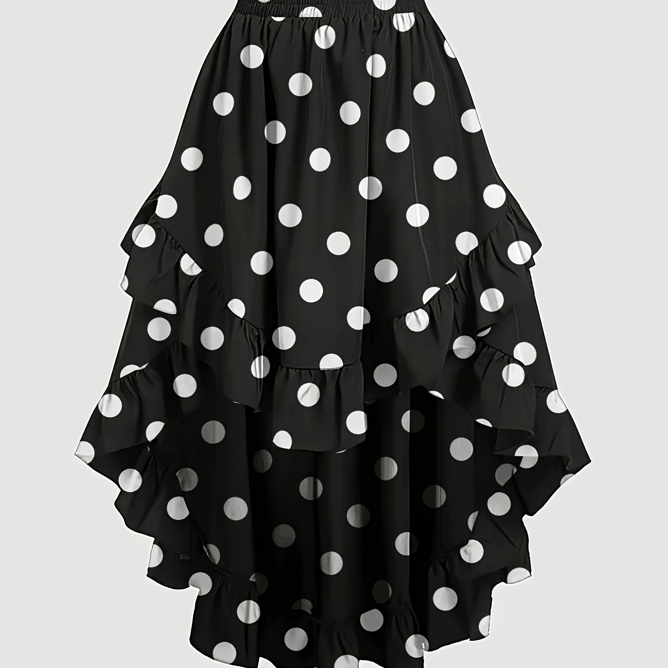 TEMU Elegancka spódnica midi z wysokim stanem i kropkami dla kobiet - letni styl, konstrukcja z warstwowymi falbankami, czarno-biała, idealna do