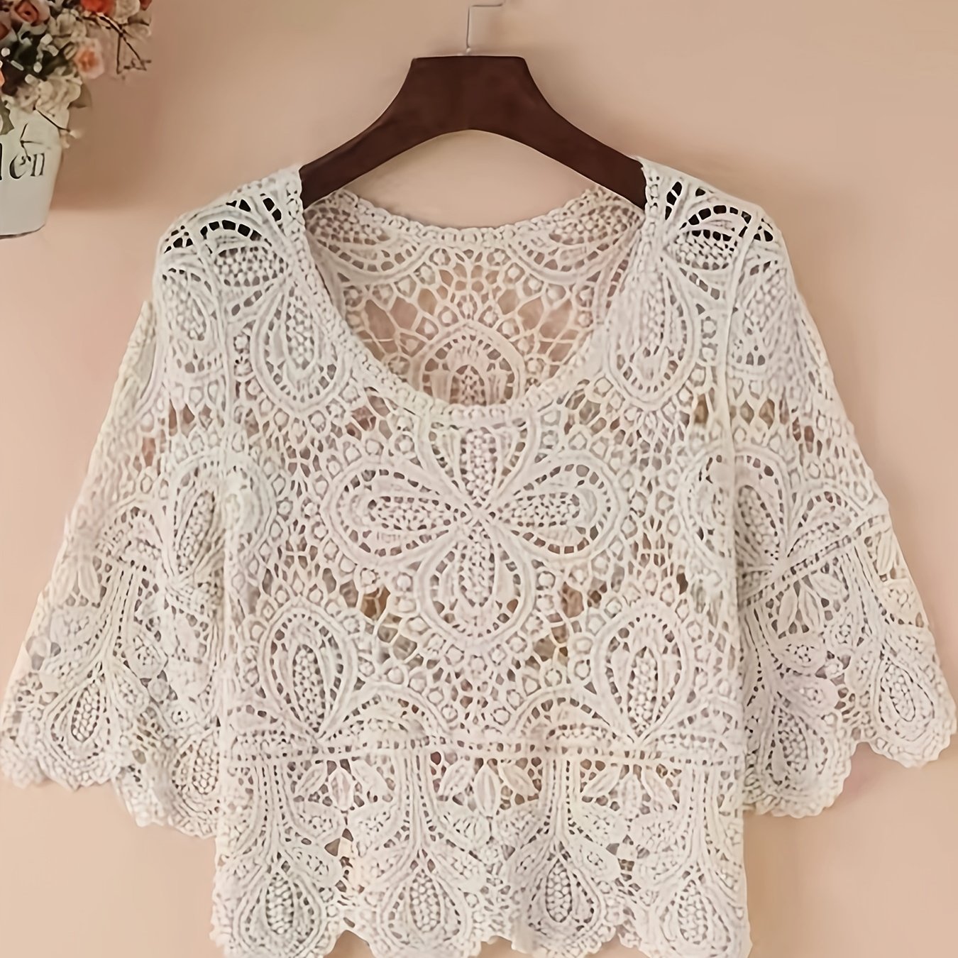 TEMU Wiosenno-letnia damska bluzka w stylu boho, casualowa z okrągłym dekoltem i krótkim rękawem