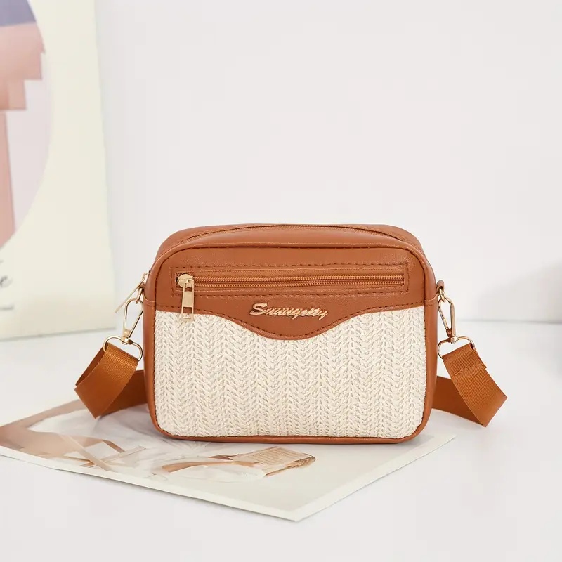 TEMU Damska elegancka torba geometryczna z regulowanym paskiem - beżowa syntetyczna tkanina, zamek błyskawiczny, podszewka z poliestru, stylowa i