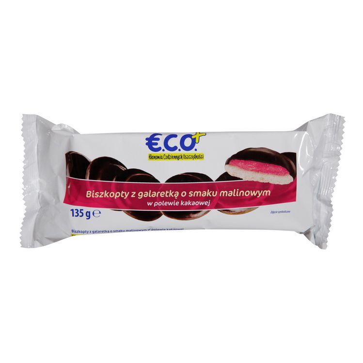 €.C.O.+ biszkopty z galaretką o smaku malinowym w polewie kakaowej 135g