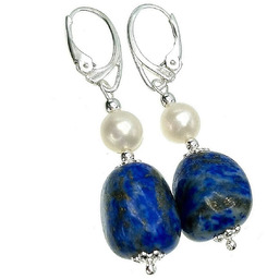 Prawdziwe Perły Lapis Lazuli Przepiękne Kolczyki Srebro