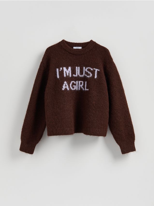 Reserved - Sweter z napisem - brązowy