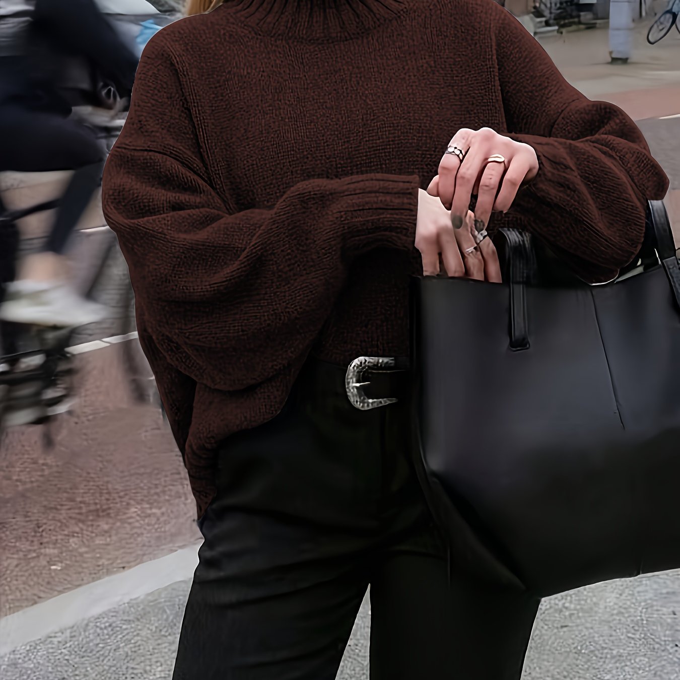 TEMU Elegancki Damski Sweter Golfowy w Kolorze Granatowym - Oversize, Ciepły Sweter Płaszczopodobny na Zimę, Miękki Okrągły Dekolt (Bez Kołnierza) do