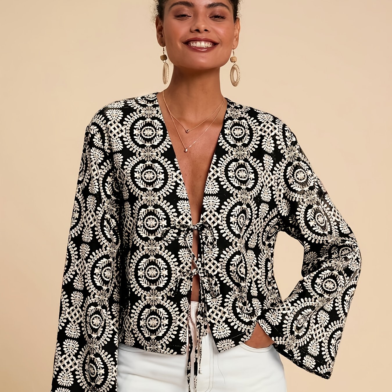 TEMU Bluzka z Długim Rękawem w Stylu Vintage dla Kobiet z Kokardką - Elegancki Dekolt w Serek, Luźny Krój, Poliester, Idealna na Jesień, Codzienny