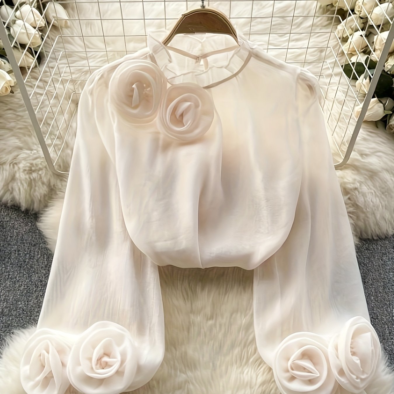 TEMU Elegancka Bluzka w Stylu Francuskim z Możliwością Dopasowania do Marynarki - Stojący Kołnierz, Półprzezroczysty Długi Rękaw, Bluzka Francuska do