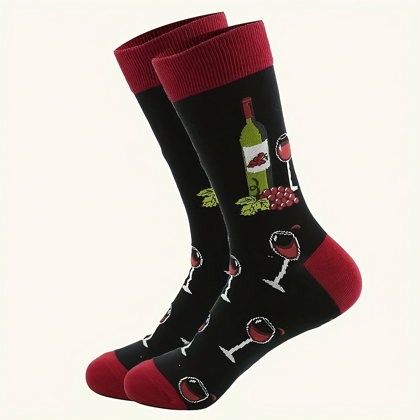 TEMU 1 Para Eleganckich Skarpetek z Nadrukiem Czerwonego Wina do Połowy Łydki - Oddychające Skarpety z Motywem Wina, Możliwość Prania Ręcznego na