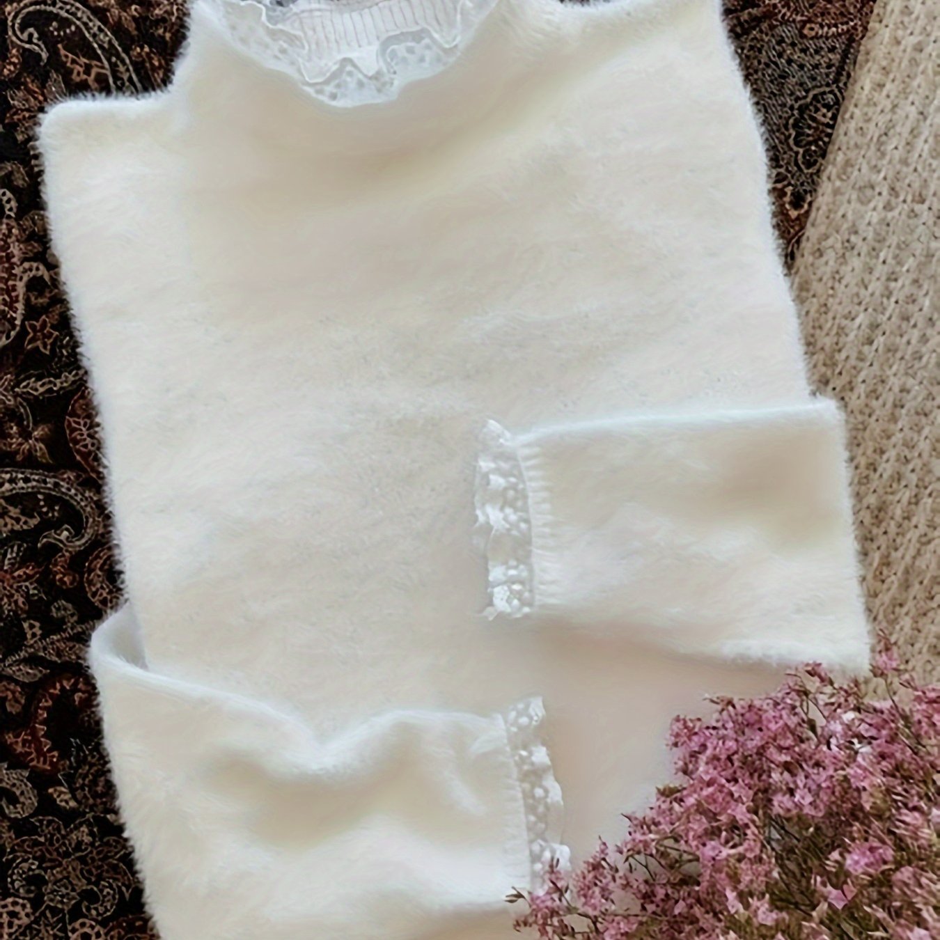 TEMU Sweter Damski z Wysokim Kołnierzykiem i Koronką - Miękka, Elastyczna Bluzka w Jednolitym Kolorze na Wiosnę & Jesień, Ręczne Pranie/Czyszczenie