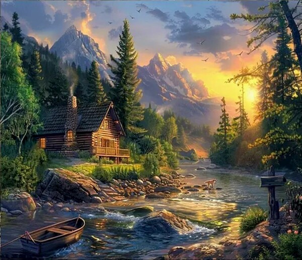 Diamentowa mozaika - Chata w górach nad rzeką