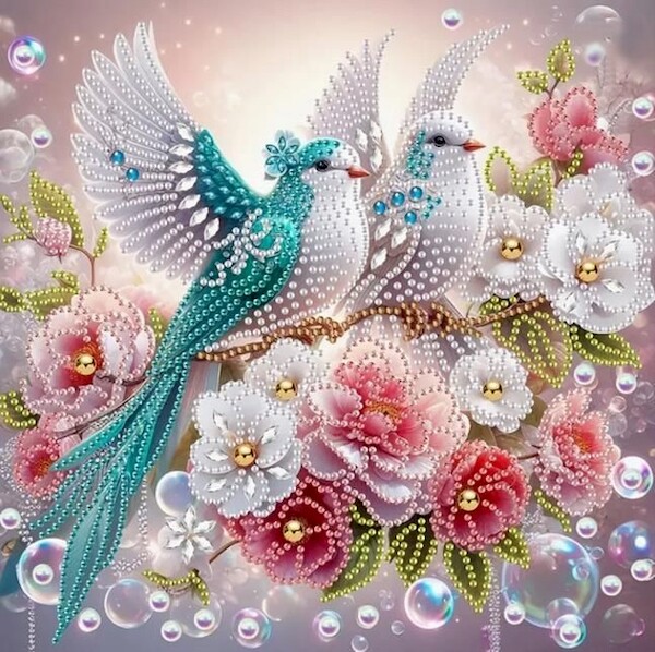 Diamentowa mozaika - Ptaki w kwiatach i bańkach