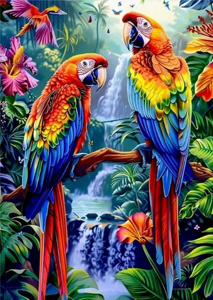 Diamentowa mozaika - Papugi z wodospadem
