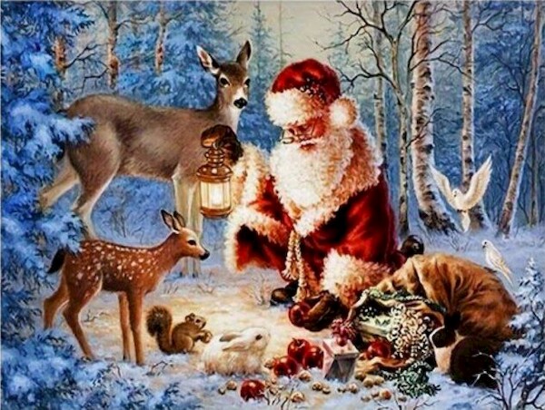 Diamentowa mozaika - Zima Mikołaj w lesie ze zwierzętami
