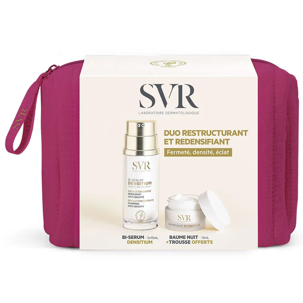 Zestaw SVR Densitium Bi-serum, dwufazowe serum przeciwzmarszkowe, 30 ml + balsam do twarzy na noc, 15 ml + kosmetyczka w prezencie