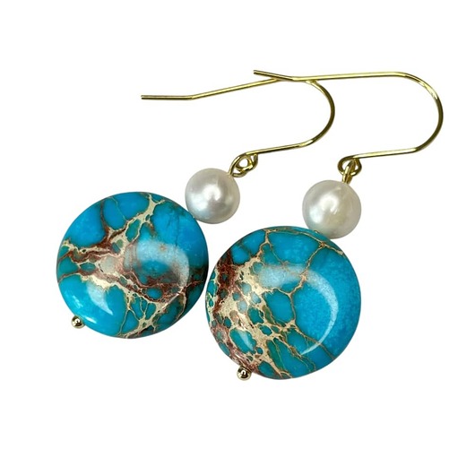 Kolczyki pozłacane z perłami i jaspisami cesarskimi